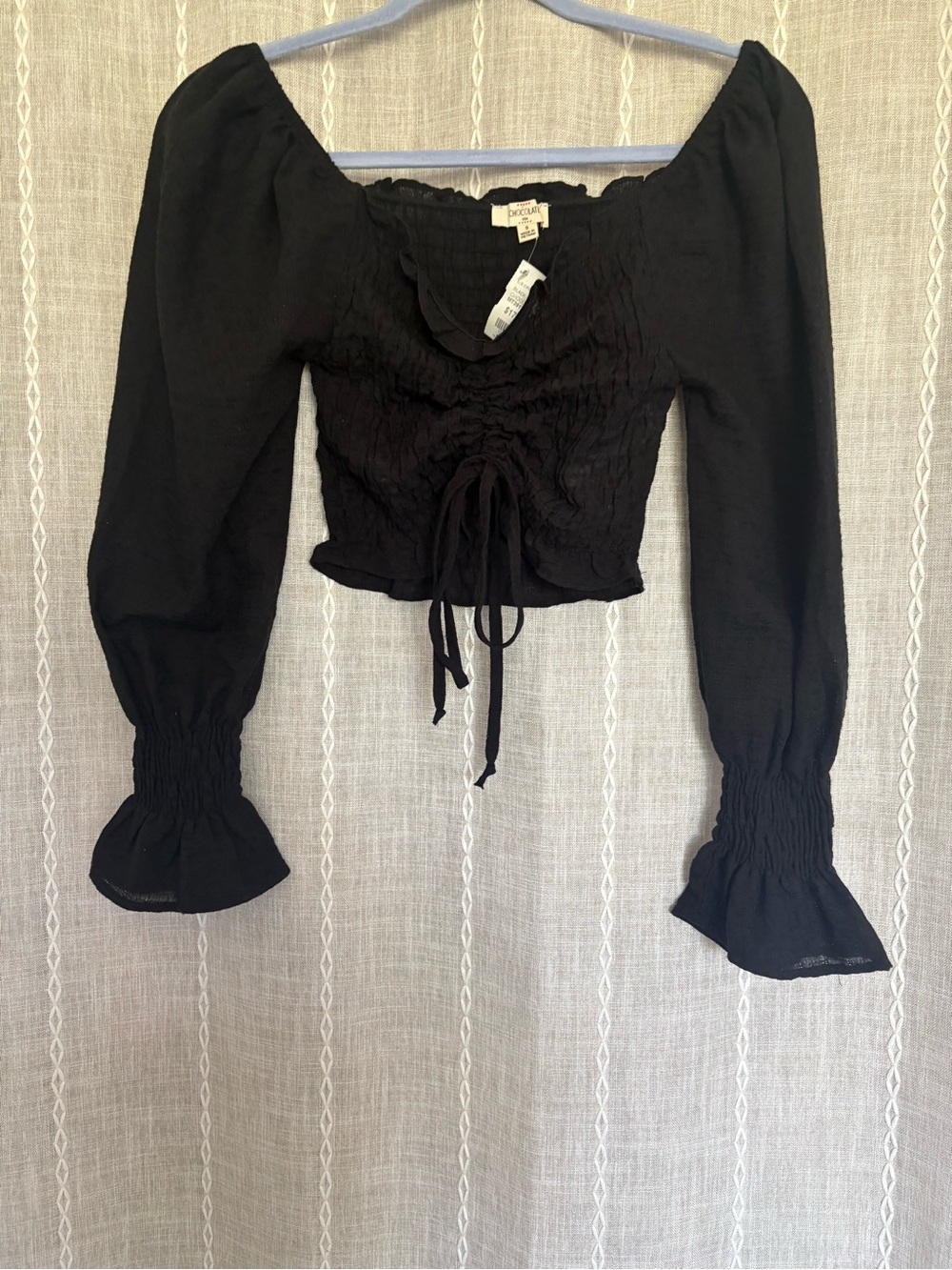Chocolate Black Smocked Long-Sleeve Crop Top